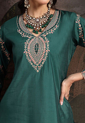 Embroidered Art Silk Pakistani Suit in Dark Teal Green