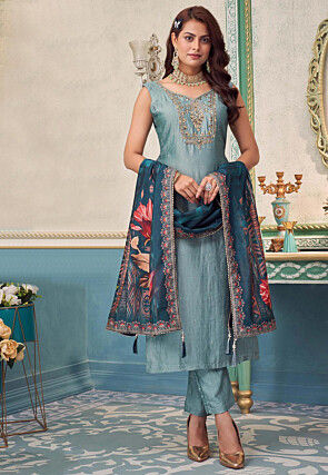 Embroidered Art Silk Pakistani Suit in Dusty Blue