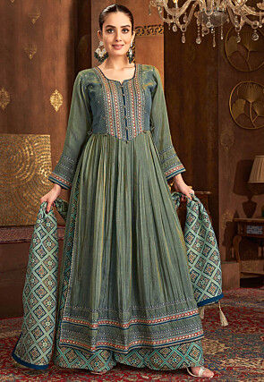 Embroidered Art Silk Pakistani Suit in Dusty Green