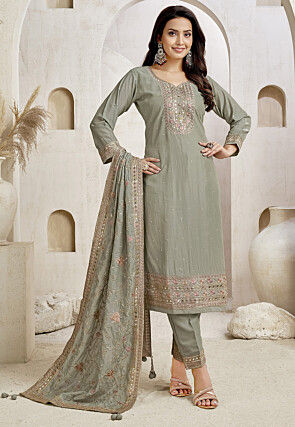 Embroidered Art Silk Pakistani Suit in Dusty Green
