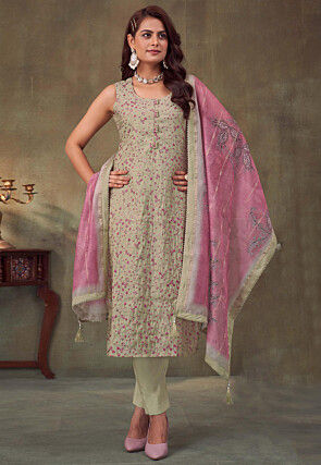Embroidered Art Silk Pakistani Suit in Dusty Green