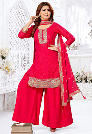 Embroidered Art Silk Pakistani Suit in Fuchsia
