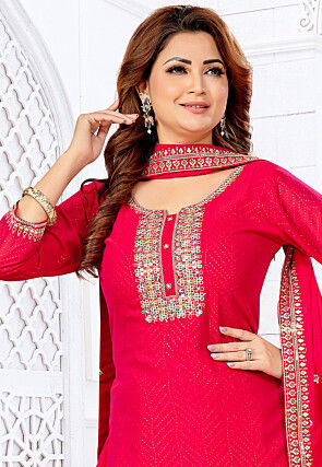 Embroidered Art Silk Pakistani Suit in Fuchsia