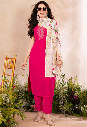 Embroidered Art Silk Pakistani Suit in Fuchsia