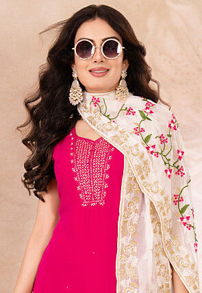 Embroidered Art Silk Pakistani Suit in Fuchsia