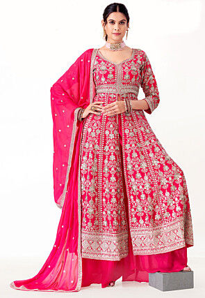 Embroidered Art Silk Pakistani Suit in Fuchsia
