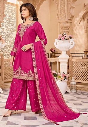 Embroidered Art Silk Pakistani Suit in Fuchsia
