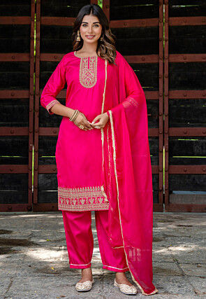 Embroidered Art Silk Pakistani Suit in Fuchsia