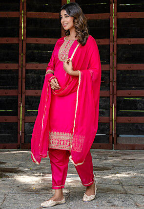 Embroidered Art Silk Pakistani Suit in Fuchsia