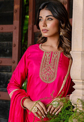 Embroidered Art Silk Pakistani Suit in Fuchsia