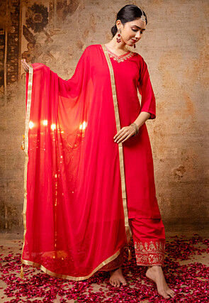 Embroidered Art Silk Pakistani Suit in Fuchsia