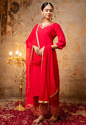 Embroidered Art Silk Pakistani Suit in Fuchsia