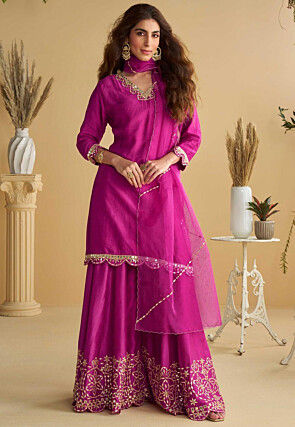 Embroidered Art Silk Pakistani Suit in Fuchsia