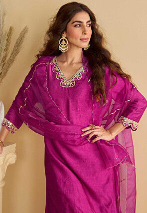 Embroidered Art Silk Pakistani Suit in Fuchsia