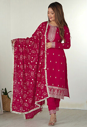 Embroidered Art Silk Pakistani Suit in Fuchsia