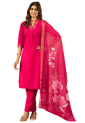 Embroidered Art Silk Pakistani Suit in Fuchsia