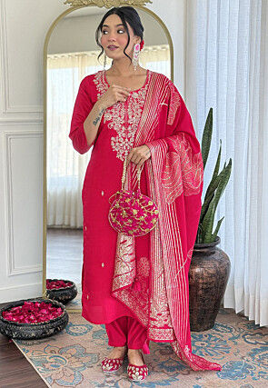 Embroidered Art Silk Pakistani Suit in Fuchsia