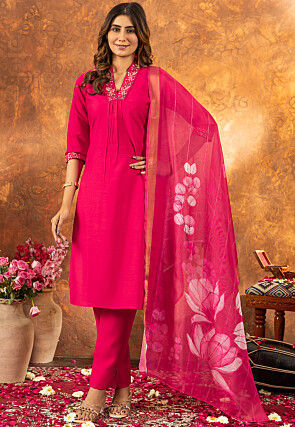 Embroidered Art Silk Pakistani Suit in Fuchsia