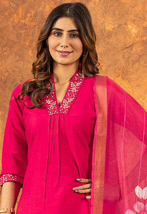 Embroidered Art Silk Pakistani Suit in Fuchsia