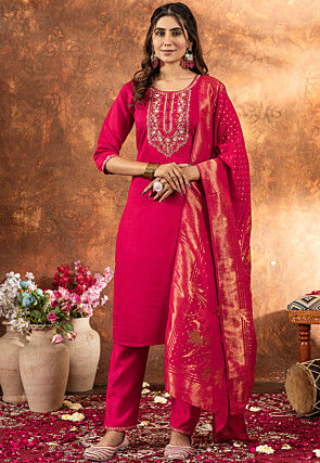 Embroidered Art Silk Pakistani Suit in Fuchsia
