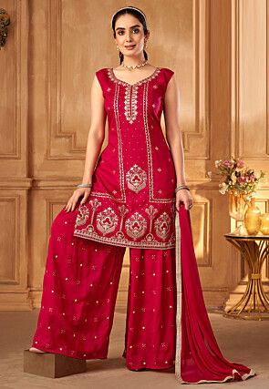 Embroidered Art Silk Pakistani Suit in Fuchsia