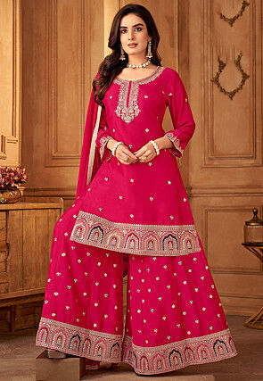 Embroidered Art Silk Pakistani Suit in Fuchsia