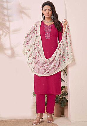 Embroidered Art Silk Pakistani Suit in Fuchsia