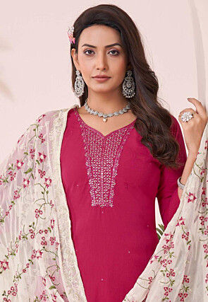 Embroidered Art Silk Pakistani Suit in Fuchsia