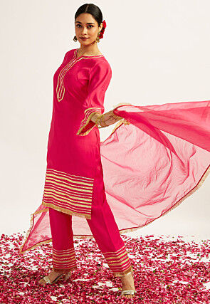 Embroidered Art Silk Pakistani Suit in Fuchsia