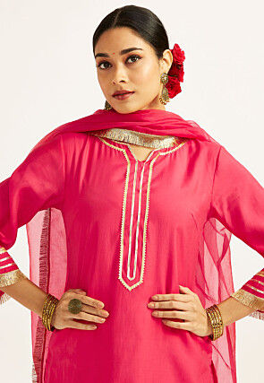 Embroidered Art Silk Pakistani Suit in Fuchsia