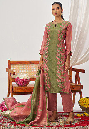 Embroidered Art Silk Pakistani Suit in Green and Pink