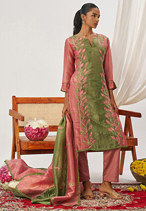 Embroidered Art Silk Pakistani Suit in Green and Pink