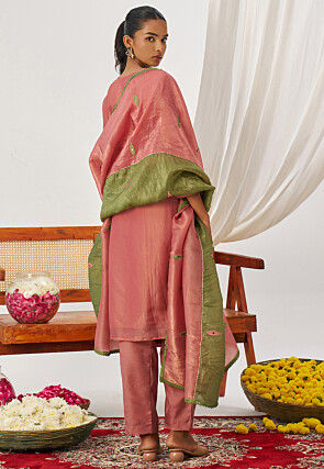 Embroidered Art Silk Pakistani Suit in Green and Pink