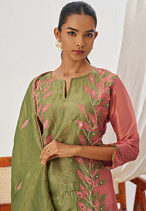 Embroidered Art Silk Pakistani Suit in Green and Pink