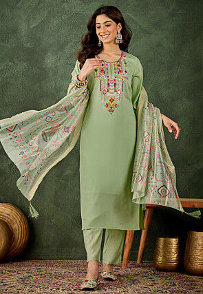 Embroidered Art Silk Pakistani Suit in Green