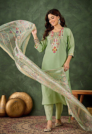 Embroidered Art Silk Pakistani Suit in Green