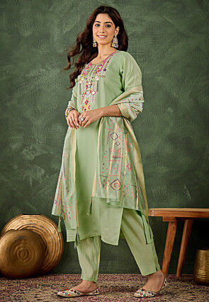 Embroidered Art Silk Pakistani Suit in Green