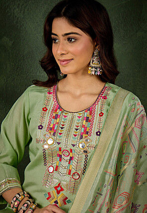 Embroidered Art Silk Pakistani Suit in Green