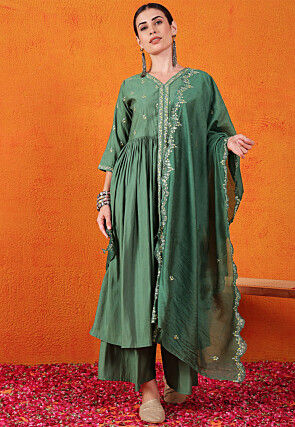 Embroidered Art Silk Pakistani Suit in Green