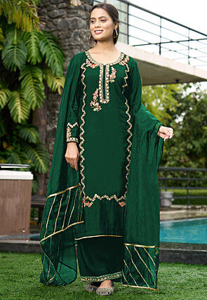Embroidered Art Silk Pakistani Suit in Green
