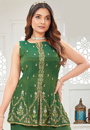 Embroidered Art Silk Pakistani Suit in Green
