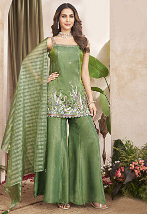 Embroidered Art Silk Pakistani Suit in Green