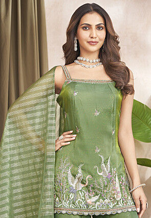 Embroidered Art Silk Pakistani Suit in Green