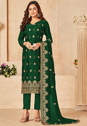 Embroidered Art Silk Pakistani Suit in Green