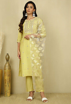 Embroidered Art Silk Pakistani Suit in Greenish Yellow