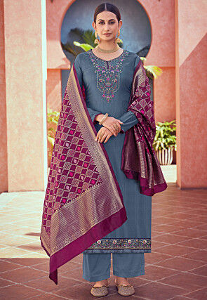 Embroidered Art Silk Pakistani Suit in Grey