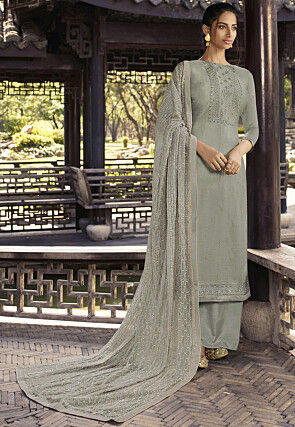 Embroidered Art Silk Pakistani Suit in Grey