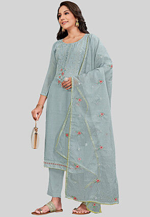 Embroidered Art Silk Pakistani Suit in Grey