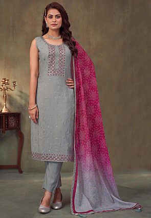 Embroidered Art Silk Pakistani Suit in Grey