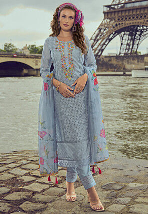 Embroidered Art Silk Pakistani Suit in Grey
